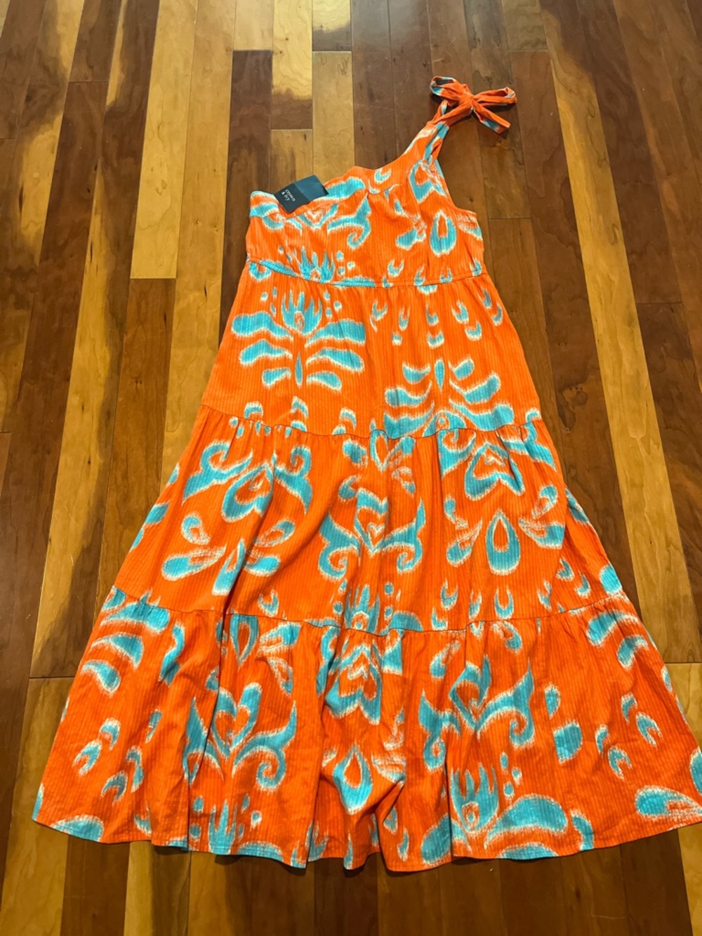 NWT Crown & Ivy Maxi Dress Large Orange/Turq One-Shoulder Summer Vacay Cruise